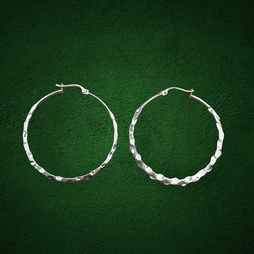 925 Sterling Silver Large Hammered Textured Hoop Earrings Artisan Style